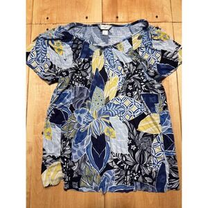 CJ Banks Women's Plus Size 1X Blue Floral Print Smocked Neck Short Sleeve Shirt